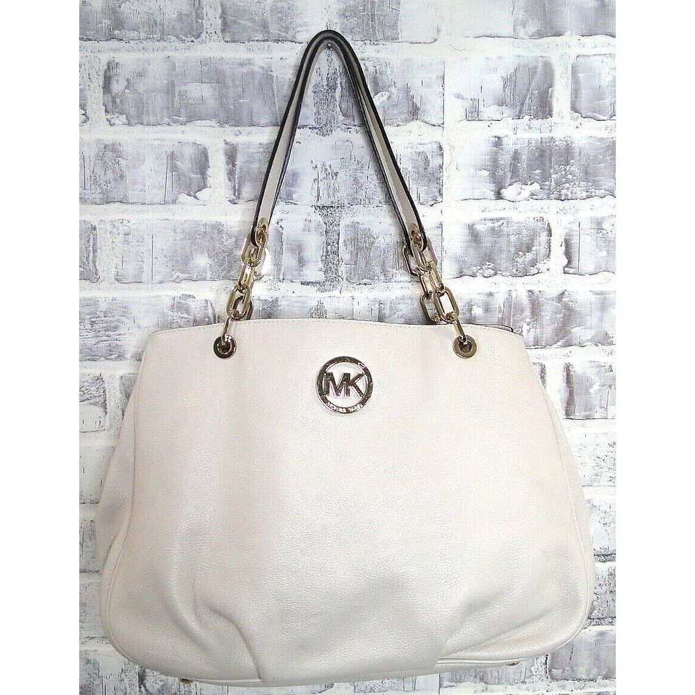 Michael Kors Women's Fulton‎ Leather Vanilla White Gold Chain Hand Bag Purse